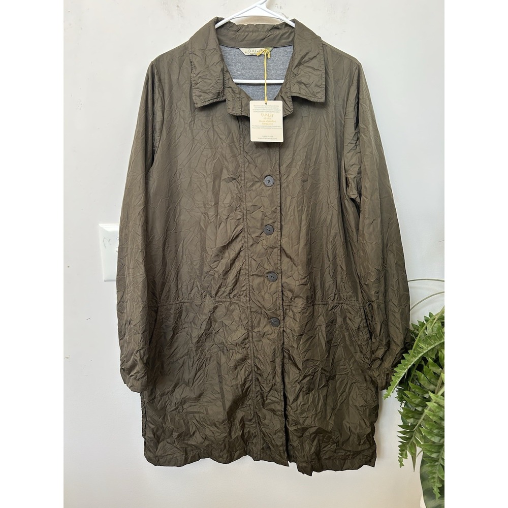 NWT Chalet et Ceci Olive Green Crinkle Rain Jacket Duster Coat Lagenlook Sz S